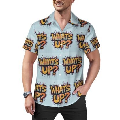 What`s Up?2 all-over print in graffiti style Men`s Cuban Collar Shirt in pale blue background with yellow/orange letters with bold black outlines