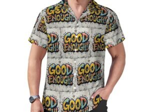 "Good Enough!" all-over print in graffiti style Men`s Cuban Collar Shirt in light gray background with green, yellow, pink and blue capital letters with bold black outlines