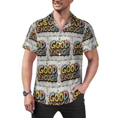 "Good Enough!" all-over print in graffiti style Men`s Cuban Collar Shirt in light gray background with green, yellow, pink and blue capital letters with bold black outlines