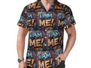 "I Am Me!" 2 all-over print in graffiti style Men`s Cuban Collar Shirt in grape, gray and red background with blue and yellow/orange letters with bold black outlines