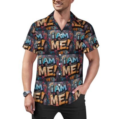 "I Am Me!" 2 all-over print in graffiti style Men`s Cuban Collar Shirt in grape, gray and red background with blue and yellow/orange letters with bold black outlines