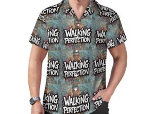 Walking Perfection2 all-over print in graffiti style Men`s Cuban Collar Shirt in blueish gray background with white letters with bold black outlines and a person standing behind the text