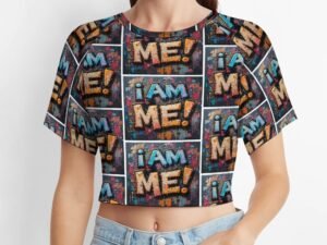 "I Am Me!" 2 Women`s Short T-Shirt with an all-over print in graffiti style in grape, gray and red background with blue and yellow/orange letters with bold black outlines and white frames