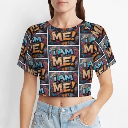 "I Am Me!" 2 Women`s Short T-Shirt with an all-over print in graffiti style in grape, gray and red background with blue and yellow/orange letters with bold black outlines and white frames