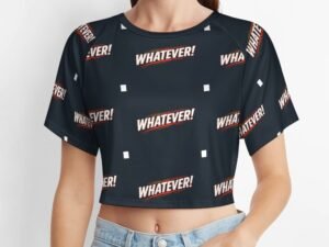 "Whatever!" Women`s Short T-Shirt with an all-over print of the word "Whatever!" in white letters, red shadowing, on a black background with white squares between the word panels