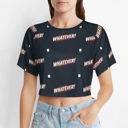 "Whatever!" Women`s Short T-Shirt with an all-over print of the word "Whatever!" in white letters, red shadowing, on a black background with white squares between the word panels