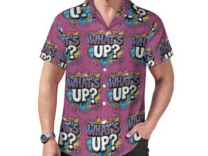 What`s Up? all-over print in graffiti style Men`s Cuban Collar Shirt in magenta background with gray and white letters with bold black outlines and blue and yellow shadows