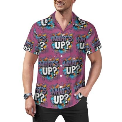 What`s Up? all-over print in graffiti style Men`s Cuban Collar Shirt in magenta background with gray and white letters with bold black outlines and blue and yellow shadows