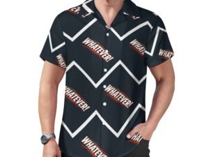 "Whatever!" Men`s Cuban Collar Shirt with an all-over print of the word "Whatever!" in white letters, red shadowing, on a black background with white wide zigzags across the shirt