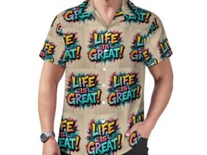 Life Is Great!2 all-over print in graffiti style Men`s Cuban Collar Shirt in pale brown background with yellow, pink and blue letters with bold black outlines in a graffiti style