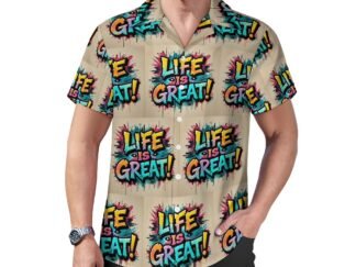 Life Is Great!2 all-over print in graffiti style Men`s Cuban Collar Shirt in pale brown background with yellow, pink and blue letters with bold black outlines in a graffiti style