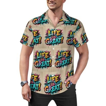 Life Is Great!2 all-over print in graffiti style Men`s Cuban Collar Shirt in pale brown background with yellow, pink and blue letters with bold black outlines in a graffiti style