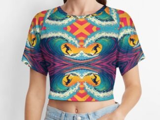 "Surfer" 2 Women`s Short T-Shirt with an all-over print of a double-flipped image of a surfer with aqua, red, violet and yellow background, with the surfer going left and right both right way up and upside down