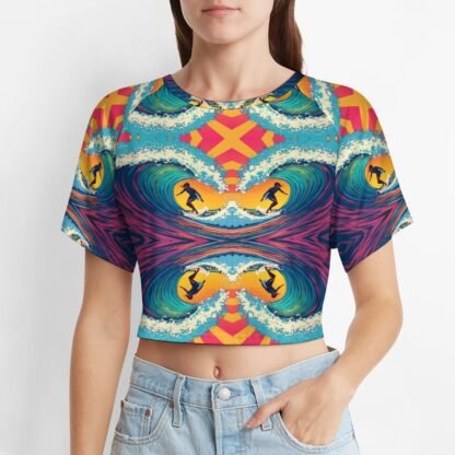 "Surfer" 2 Women`s Short T-Shirt with an all-over print of a double-flipped image of a surfer with aqua, red, violet and yellow background, with the surfer going left and right both right way up and upside down