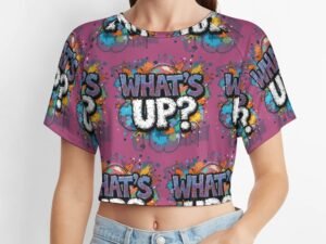 "What`s Up?" Women`s Short T-Shirt with an all-over print in graffiti style in magenta background with gray and white letters with bold black outlines and blue and yellow shadows