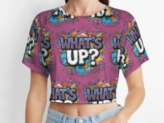 "What`s Up?" Women`s Short T-Shirt with an all-over print in graffiti style in magenta background with gray and white letters with bold black outlines and blue and yellow shadows