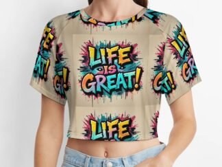 "Life Is Great!" 2 Women`s Short T-Shirt with an all-over print in graffiti style in pale brown background with yellow, pink and blue letters with bold black outlines