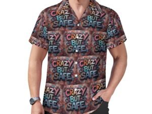 Crazy But Safe all-over print in graffiti style Men`s Cuban Collar Shirt in grape/gray background with yellow, blue and red letters with bold black outlines