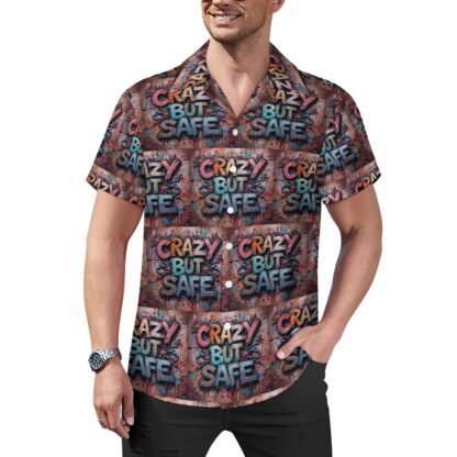 Crazy But Safe all-over print in graffiti style Men`s Cuban Collar Shirt in grape/gray background with yellow, blue and red letters with bold black outlines