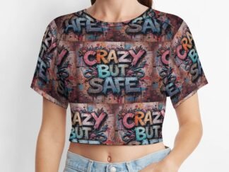 "Crazy But Safe" Women`s Short T-Shirt with an all-over print in graffiti style in grape/gray background with yellow, blue and red letters with bold black outlines