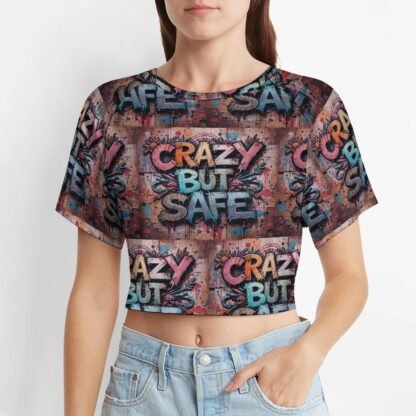 "Crazy But Safe" Women`s Short T-Shirt with an all-over print in graffiti style in grape/gray background with yellow, blue and red letters with bold black outlines
