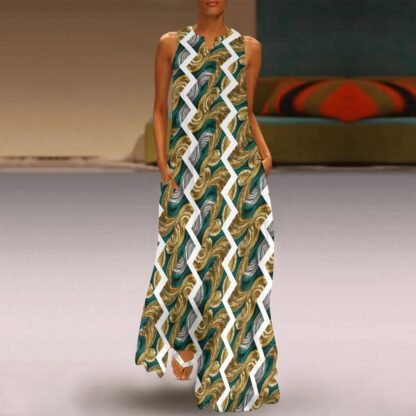"Green, gold, silver swirls, white zigzag" Long Dress - Image 5