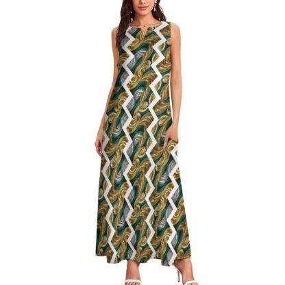 "Green, gold, silver swirls, white zigzag" Long Dress - Image 3