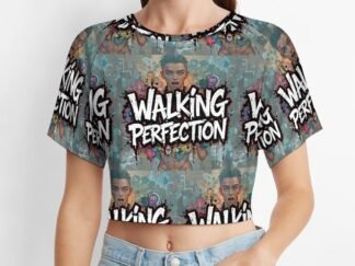 "Walking Perfection" 2 Women`s Short T-Shirt with an all-over print in graffiti style in blueish gray background with white letters with bold black outlines and a person standing behind the text