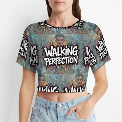 "Walking Perfection" 2 Women`s Short T-Shirt with an all-over print in graffiti style in blueish gray background with white letters with bold black outlines and a person standing behind the text