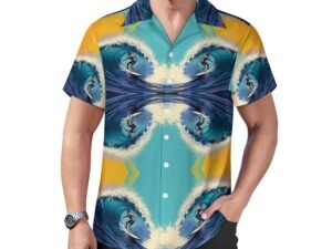 "Surfer" 1 Men`s Cuban Collar Shirt with an all-over print of a double-flipped image of a surfer with aqua and yellow background, with the surfer going left and right both right way up and upside down