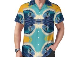 "Surfer" 1 Men`s Cuban Collar Shirt with an all-over print of a double-flipped image of a surfer with aqua and yellow background, with the surfer going left and right both right way up and upside down