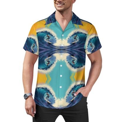"Surfer" 1 Men`s Cuban Collar Shirt with an all-over print of a double-flipped image of a surfer with aqua and yellow background, with the surfer going left and right both right way up and upside down